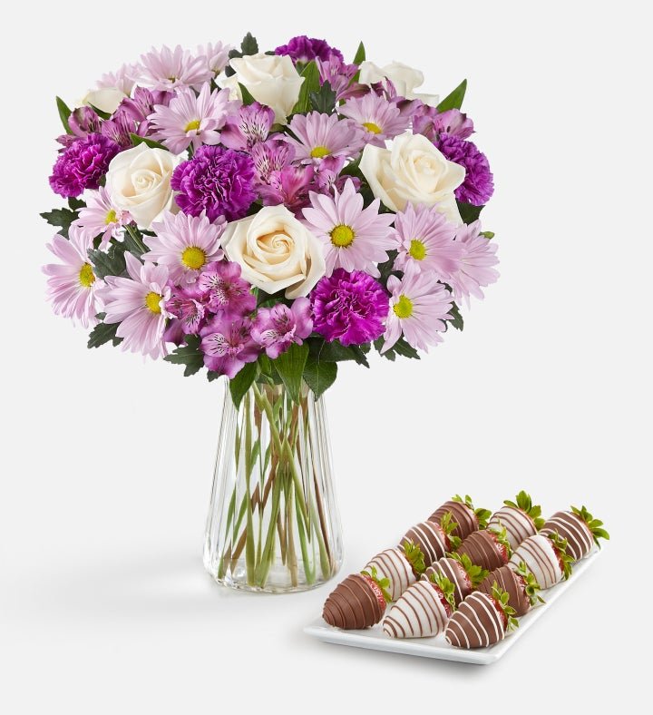 Purple and white bouquet from florist in Grayslake IL with chocolate add-on