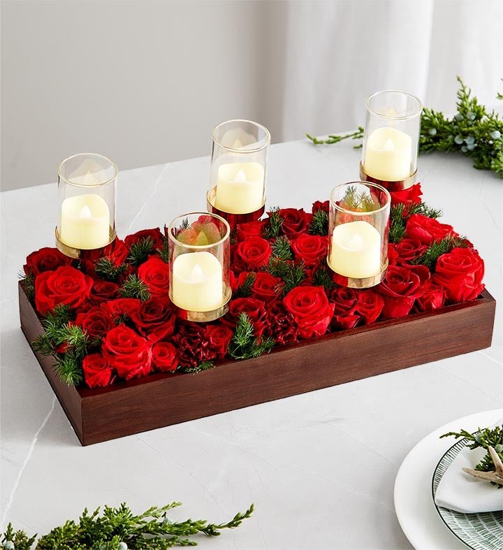 Red rose candle centerpiece perfect for celebrations from florist in Vernon Hills IL