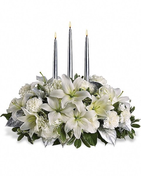 White lily floral candle centerpiece offered by florist in Grayslake IL