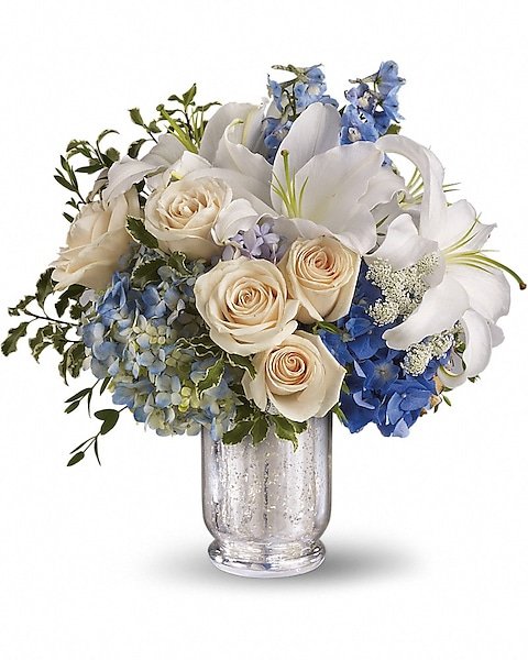 White lily and blue hydrangea elegant floral arrangement for flower delivery Gurnee