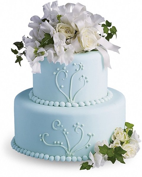 Blue wedding cake decorated with white flowers from elegant flower shop