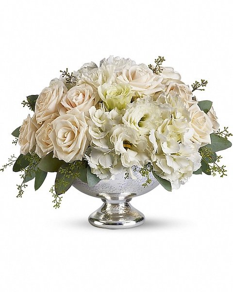 Elegant white rose and hydrangea arrangement from Gurnee florist