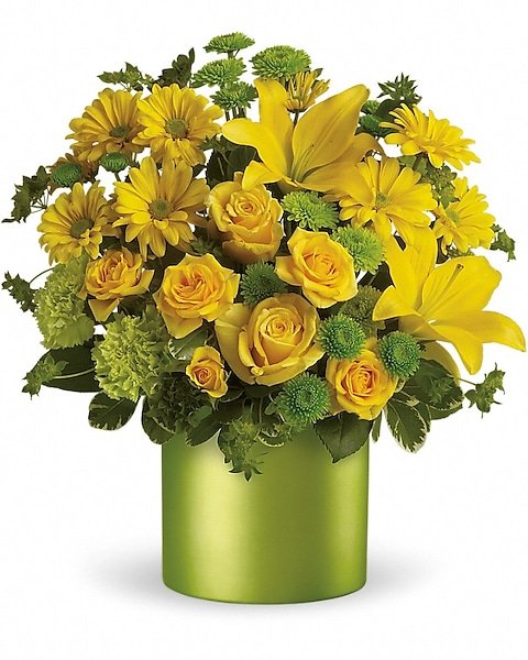 Bright yellow elegant floral arrangement available for flower delivery Gurnee