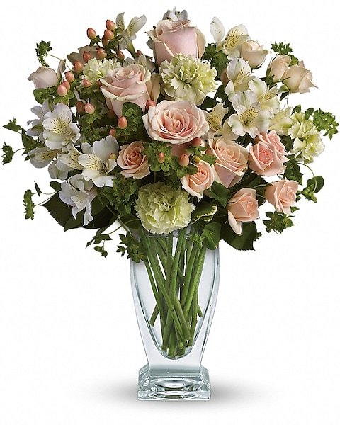 Elegant pastel peach and white floral arrangement from florist in Vernon Hills IL