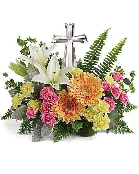 Sympathy cross floral arrangement available at Gurnee florist