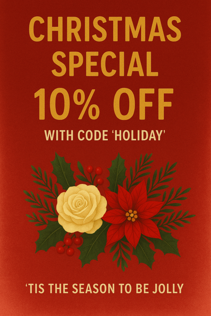 Christmas special 10% off promotion from our Gurnee Flower Shop featuring festive floral artwork.