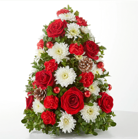 Christmas tree-shaped floral arrangement with roses and chrysanthemums for flower delivery Grayslake