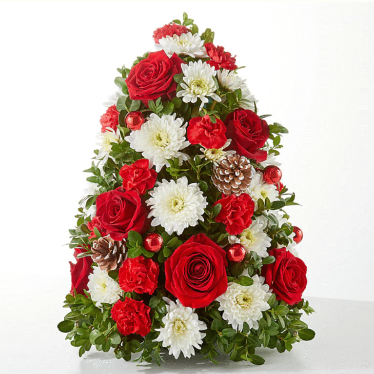 Christmas tree-shaped floral arrangement with roses and chrysanthemums for flower delivery Grayslake