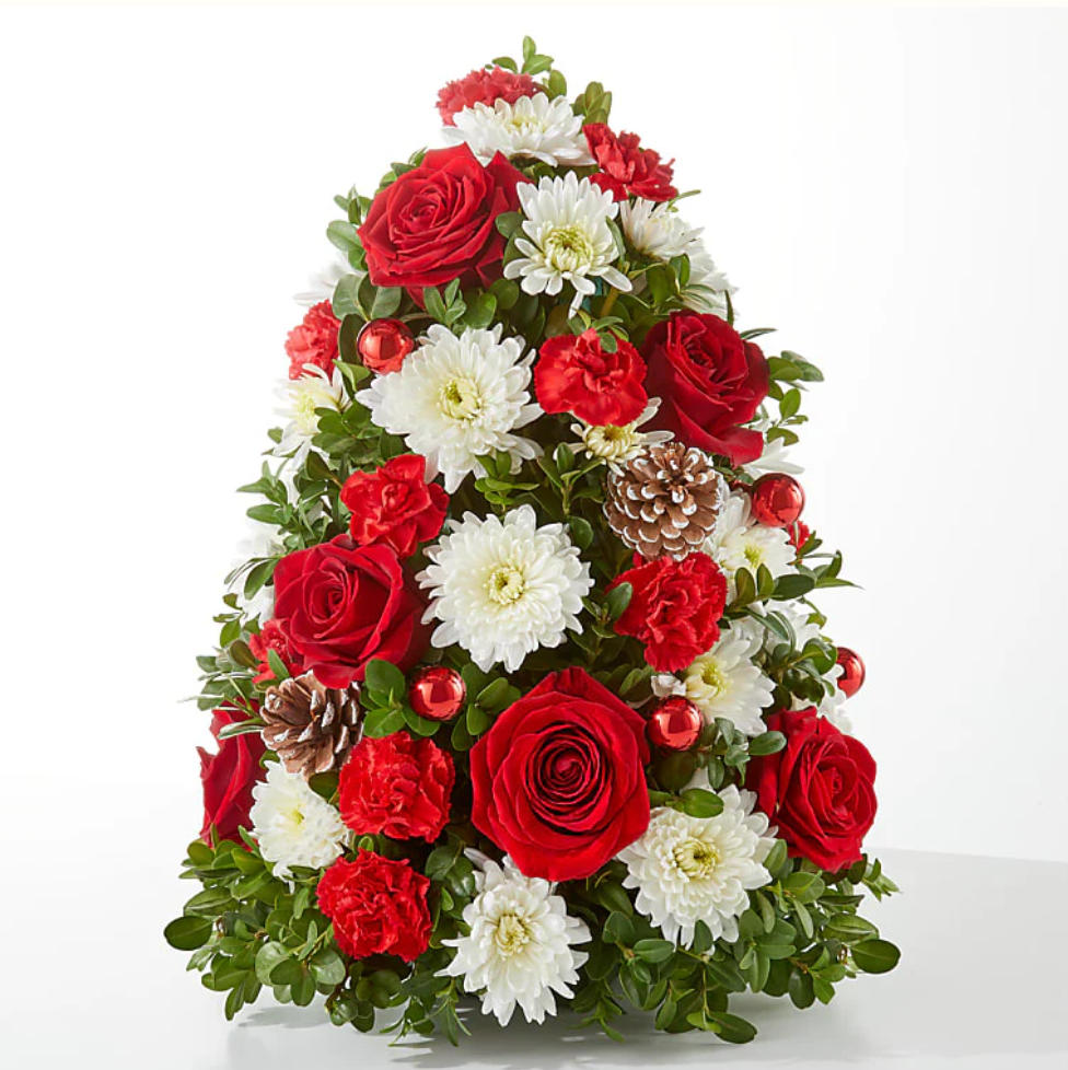 Christmas tree-shaped floral arrangement with roses and chrysanthemums for flower delivery Grayslake